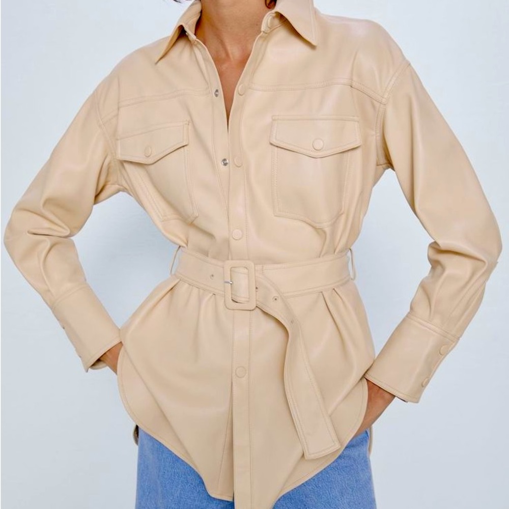 Zara Beige Pleather Belted Overshirt Shacket XXL